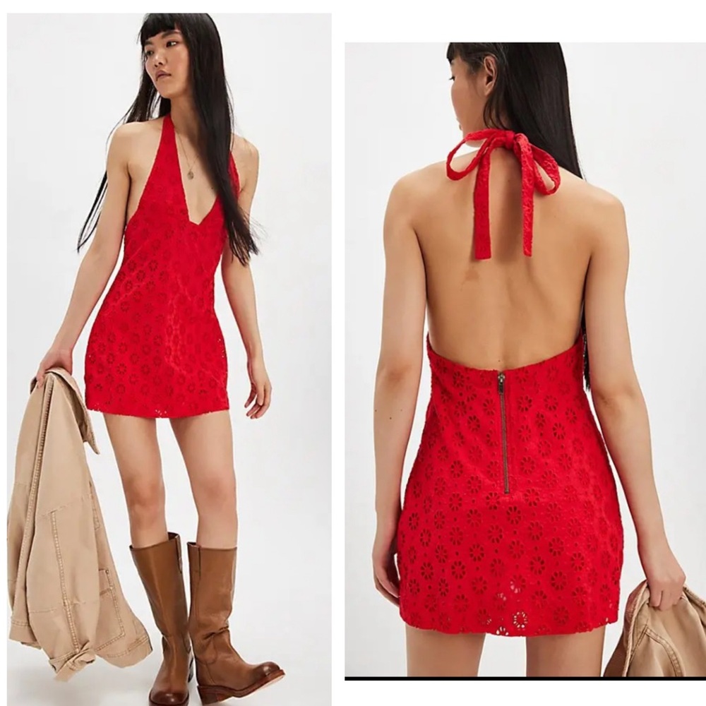 NWT Free People Women's Red Trevi Eyelet Mini Dress